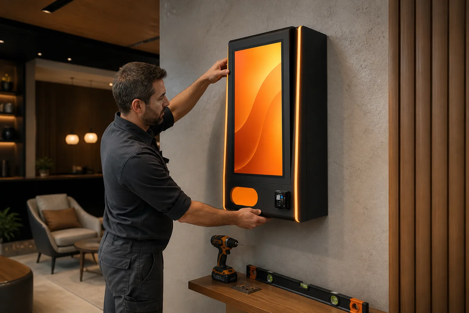 Technician installing a wall-mounted vending machine in a venue
