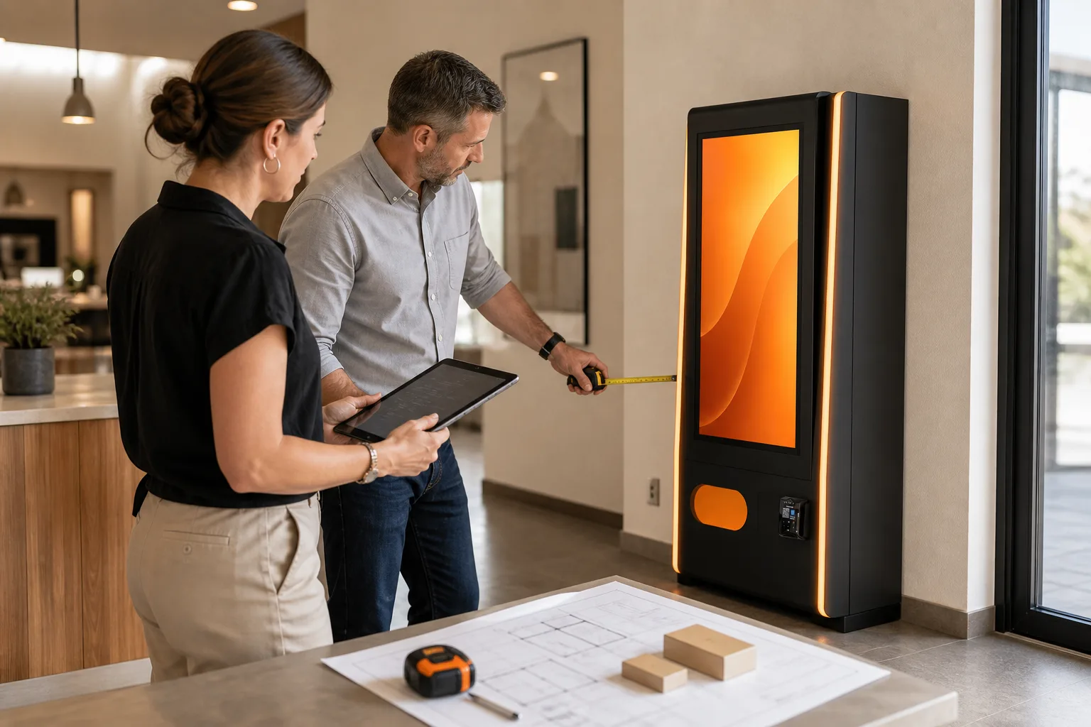 Operator and consultant measuring a proposed smart vending machine location