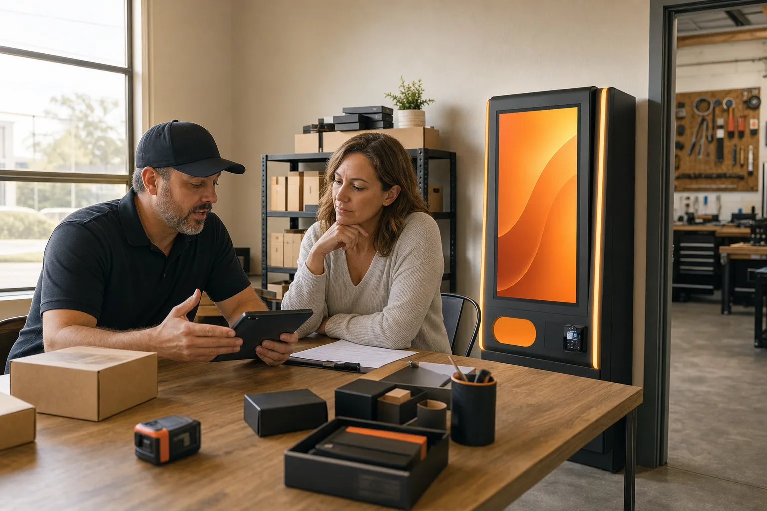 Texas-based VapeVendy specialist reviewing vending machine pricing with a buyer
