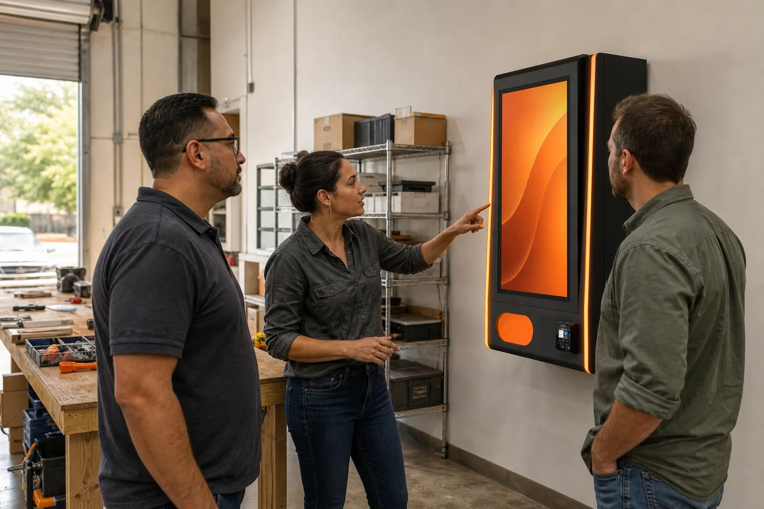 VapeVendy team reviewing a smart vending machine in a Texas workshop