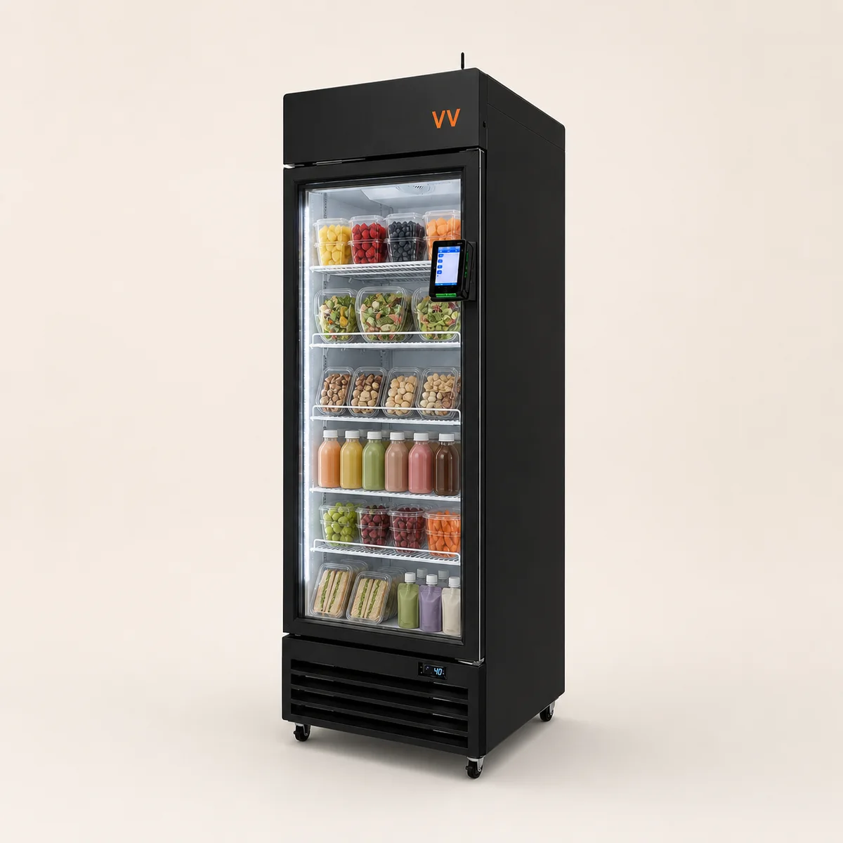 VapeVendy slim AI smart cooler stocked with grab-and-go products
