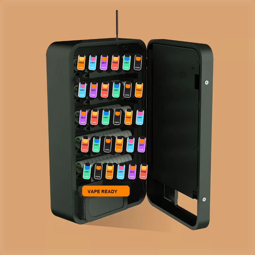 Open VapeVendy vape vending machine stocked with disposable vapes